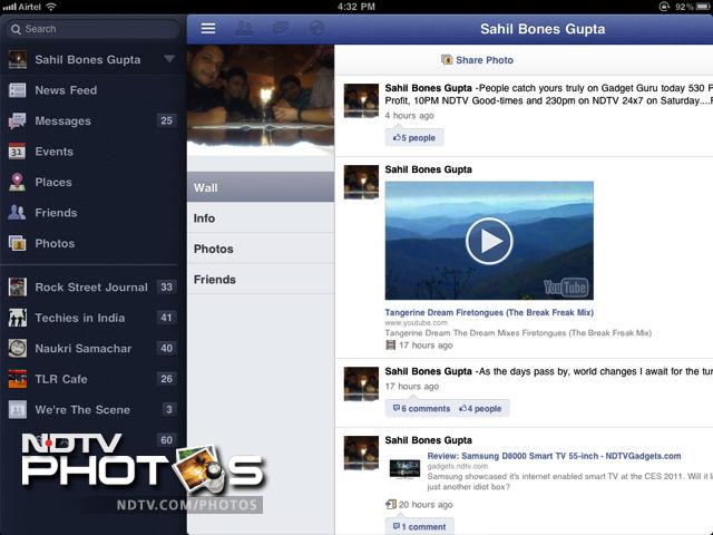 The menu button on the navigation bar displays all your personal information such as log in, feeds, messages, events, places, photos and more. The interface and navigation is pretty cool and one of the best we have seen on a tablet social networking app.