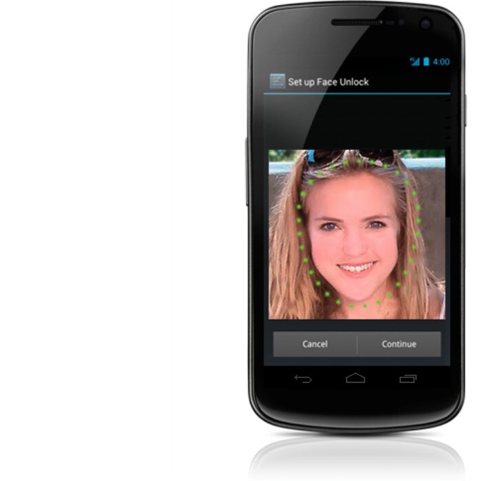 <b>Face Unlock:</b> Now we can unlock our screens by just looking into the screen of the phone. There are no complicated passwords to remember, we can just switch on the Galaxy Nexus and look into the camera to quickly unlock the device.