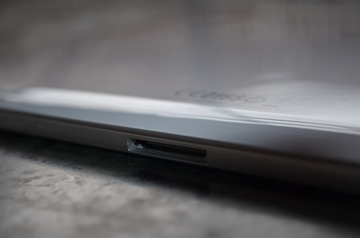 In terms of the ports, there is a proprietary port on the tablet, which is used to charging as well as data transfer.