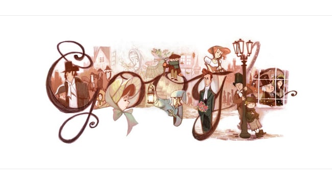 7 February 2012 - The Doodle depicts characters from Dickens' Victorian era novels including the famous Scrooge from A Christmas Carol, and Pip from Great Expectations. [ <b><a href="http://gadgets.ndtv.com/internet/news/google-doodle-celebrates-charles-dickens-200th-birth-anniversary-224569">Read more</a></b> ]