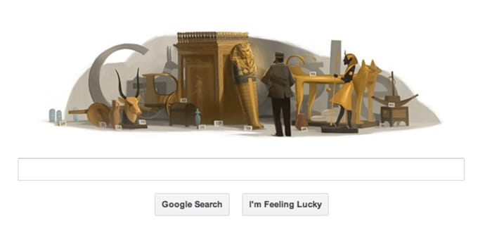 9 May 2012 - The doodle shows Carter standing amongst the artifacts excavated from the tomb of Tutankhamun proudly inspecting his work. [ <b><a href="http://gadgets.ndtv.com/internet/news/archaeologist-howard-carter-s-birthday-google-doodle-223503">Read more</a></b> ]