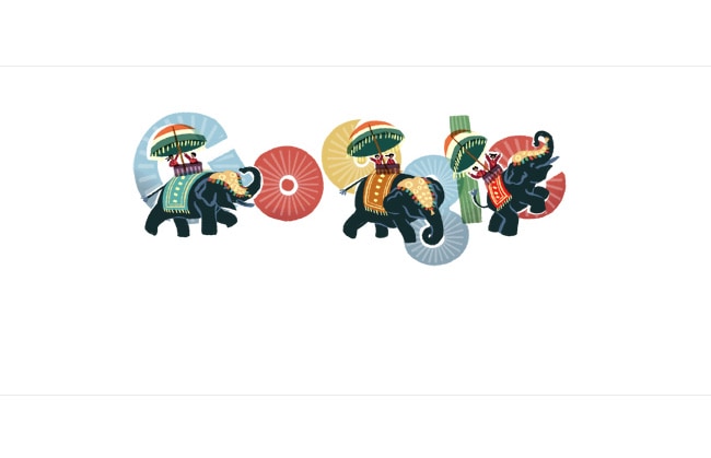 January 26 2012 - The Doodle depicts three elephants decked in finery, each with two children and a tri-coloured umbrella on it's back, a reference to the Bravery Awardees who take part in the Republic Day parade. [ <b><a href="http://gadgets.ndtv.com/internet/news/google-doodle-celebrates-india-s-republic-day-224633">Read more</a></b> ]