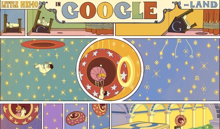 October 15 2012 - Winsor McCay was an American cartoonist and animator who's said to have been born in Michigan on September 26, 1869. McCay's Little Nemo in Slumberland is the subject of this animated Google doodle.  [ <b><a href="http://gadgets.ndtv.com/others/news/winsor-mccays-little-nemo-in-slumberland-celebrated-in-google-doodle-279695">Read more</a></b> ]