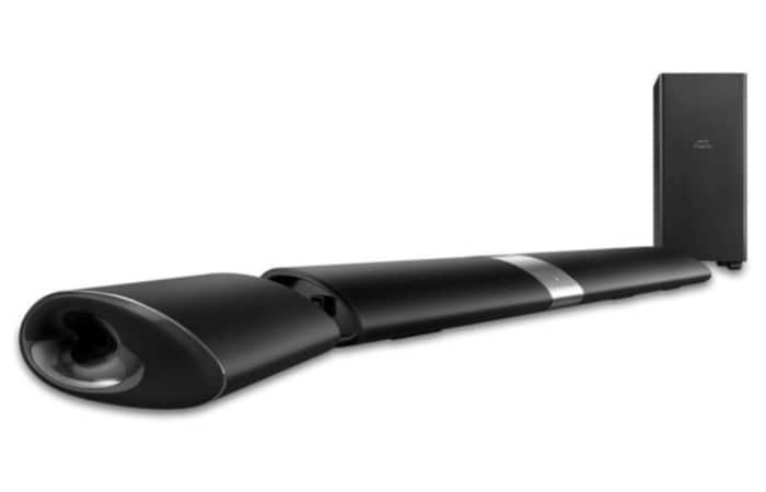 The 46-inch long Philips Fidelio HTL9100 has two battery-powered detachable wireless speakers that can be placed at the back to offer you a hassle-free 5.1 surround sound experience.