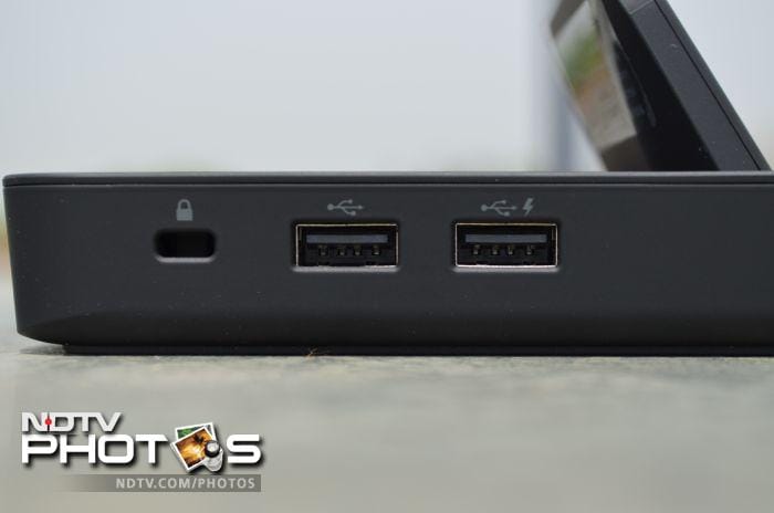 The desktop dock features two USB ports (including one high speed port) and a Kensington lock on the left hand side.