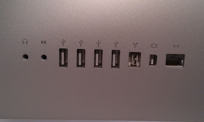 The rear of the device boasts of the following ports: Audio in, Audio out, Four USB 2.0 ports, FireWire 800, Mini Display Port and Gigabit Ethernet. (Photo: Sameer Mitha)