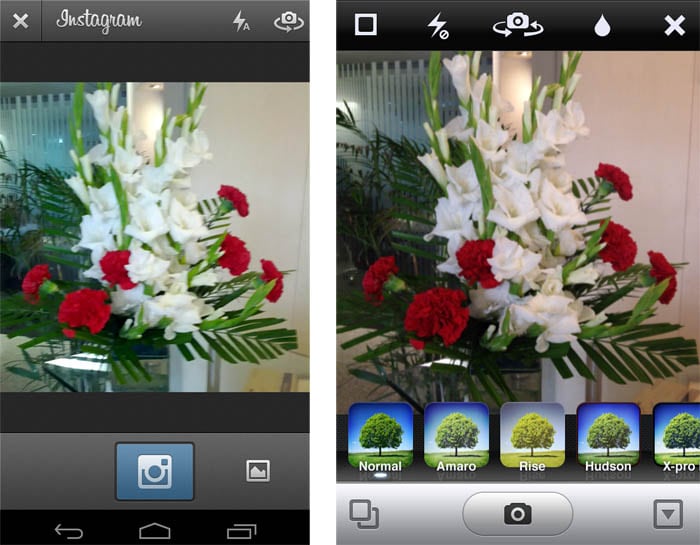 Live Preview of filters is missing in the Android version and so is the Blur option as indicated by the Drop icon in the iOS version.