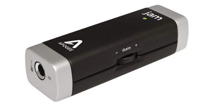 <b>Apogee Jam</b><br><br>
The Apogee Jam is a recording tool meant for the musician on the go. It provides a studio quality instrument interface for the iPad through which one can connect a guitar. It has been designed especially for GarageBand (Though it works with other DAW software's like Amplitube too), which means you'd be hard-pressed to find a better audio interface for the iPad.<br><br>
<b>Price:</b> $99.00