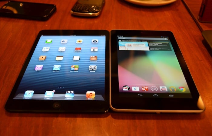 Google's Nexus 7 (right) comes with a slightly higher resolution 1280x800 display and costs $199 for the 16GB Wi-Fi only version.