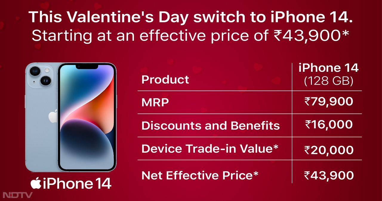 भारत में Apple ऑथोराइज्ड थर्ट पार्टी सेलर Imagine, Valentine's Day सेल में आईफोन 14 और 14 प्लस मॉडल दोनों पर डील्स और डिस्काउंट प्रदान रहा है। ऑफर्स में कार्ड कैशबैक, डिस्काउंट और एक्सचेंज ऑफर शामिल हैं।