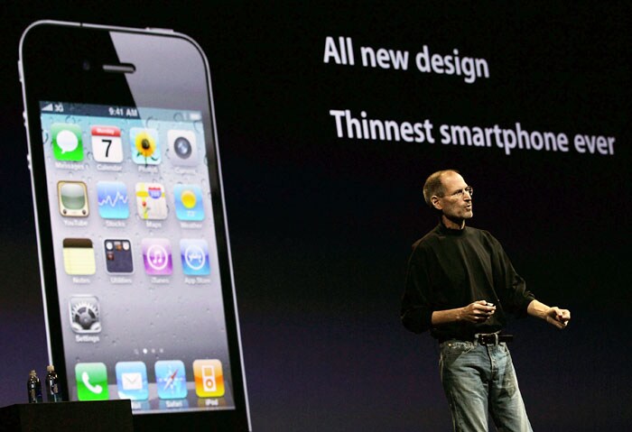 Jobs promised over 100 new features, out of which he said he would discuss eight in his keynote. First up, an all new design. The new iPhone is 9.3mm thick, which makes it 24 per cent thinner than the iPhone 3GS. The Apple boss claimed it was going to be the 'thinnest smartphone on the planet.' (Photo: AFP)