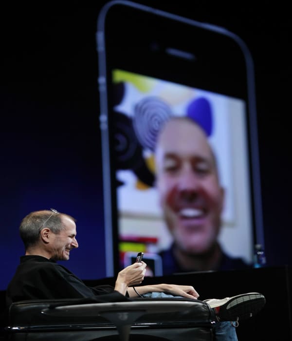 With the addition of the front facing camera the Iphone 4 now has video conferencing.<br><br>Apple calls it "<b>Facetime</b>" and it utilises both camera's , One can also show the caller a first person view which utilises the primary 5 MP sensor.  <br><br>It works through an Wi-fi conection, which means its works out of the box and there is no need of a high speed 3G connection.It is built on open standards like the sessions in protocol(SIP)which means in the future other chat services like Skype can tab into it. (Photo: AP)