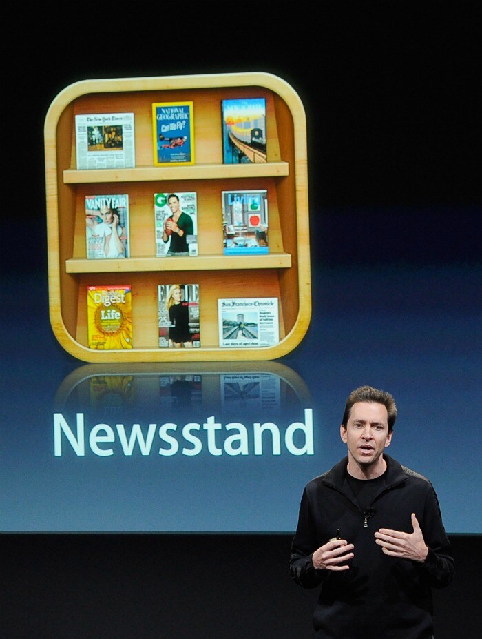 Apple's Senior Vice President of iOS Scott Forstall speaks about news stand and other features about iOS5. (Photo: AFP)