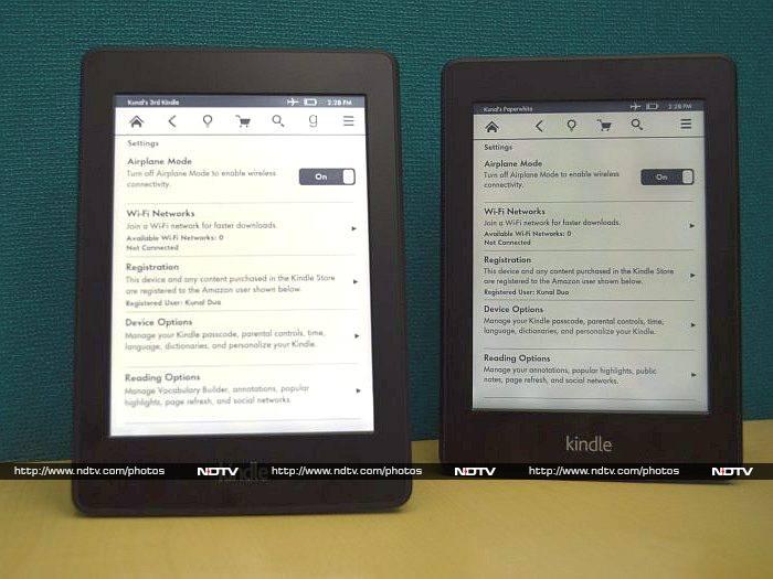 The new Kindle Paperwhite 3G (2013) (Left) display technology offers higher contrast compared to the previous model of the Kindle Paperwhite 3G (2012) (Right).