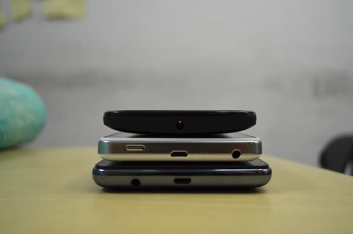 All three phones have the headphone jack on the top while the Spice Stellar Horizon Mi-500 (centre) and iBall Andi 5c (bottom) also feature the Micro-USB port for charging/ data transfer. The Spice also has the power button at the top.