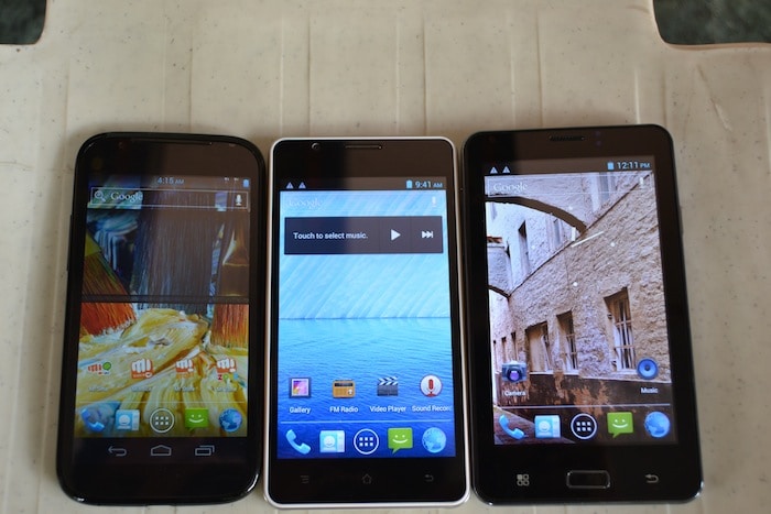 The Micromax Superfone Canvas A100 (left) comes with 12.5cm 480x854 display while the Spice Stellar Horizon Mi-500 (centre) and iBall Andi 5c (right) feature identical 12.7cm 480x800 displays.