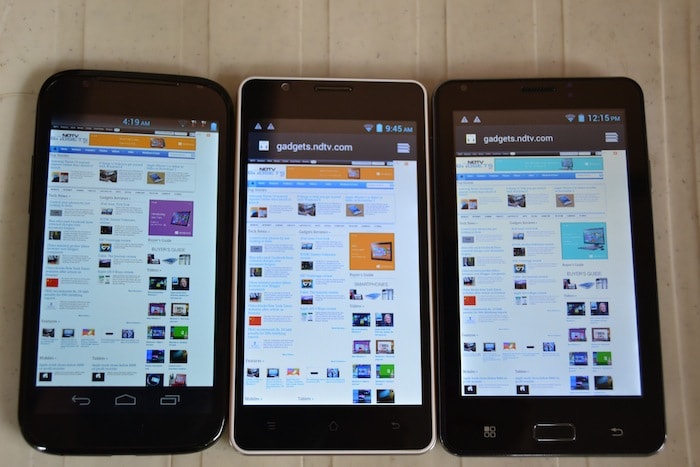 The Micromax Superfone Canvas A100 (left) is priced just under Rs. 10,000 while the Spice Stellar Horizon Mi-500 (centre) and iBall Andi 5c (right) are retailing around the Rs. 12,500 mark.