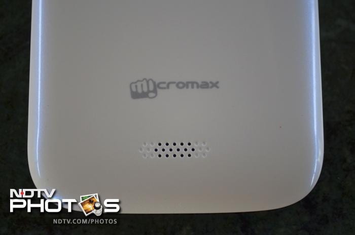 The Micromax branding and a speaker outlet is located towards the lower part of the phone's back.