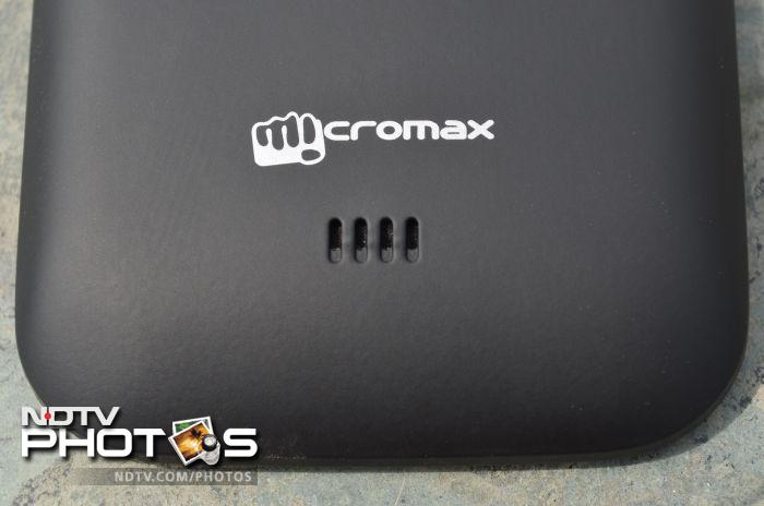 The Micromax branding and a speaker outlet is located towards the lower part of the phone's back.