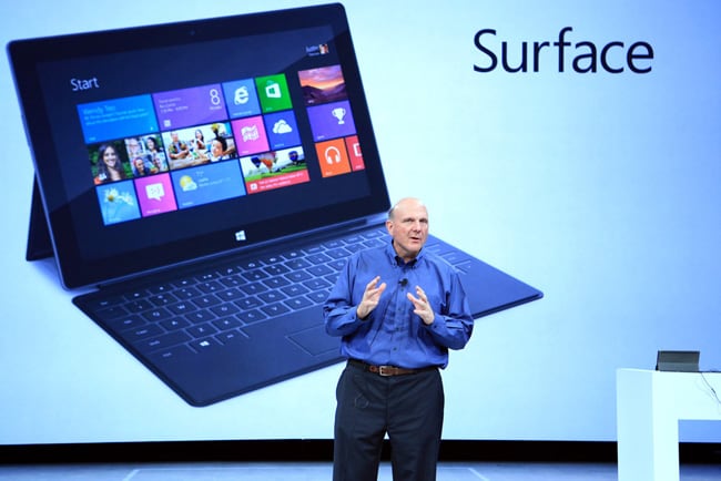 Microsoft CEO, Steve Ballmer, reveals the Surface tablet at the event. The Surface will be available in two versions: one featuring Windows RT and the other running on Windows 8 Pro.