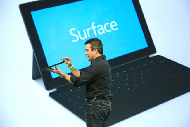 Mike Angiulo, Microsoft Corporate Vice President demonstrates features of the tablet. The pricing and battery life of the tablet were not revealed at the event.