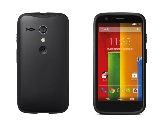 <a href="http://gadgets.ndtv.com/motorola-moto-g-forte-1459">Motorola Moto G Forte</a> runs Android 4.4 KitKat out-of-the-box.

<br /> 

<a href="http://gadgets.ndtv.com/mobiles/news/moto-g-forte-with-rugged-grip-shell-listed-on-companys-site-503796">Read more</a>