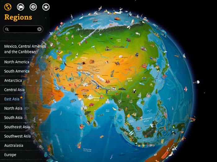 <b>Paid</b><br />Barefoot World Atlas is an interactive 3D globe for iPad that allows you to explore the regions and countries of the world. | <b><a href="http://itunes.apple.com/us/app/barefoot-world-atlas/id489221652?mt=8" target="_blank">Details and buy</a></b>