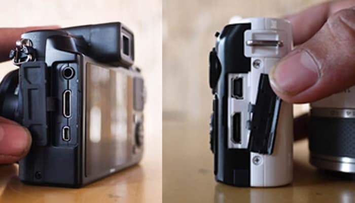 The Nikon J1 comes with the HDMI and USB ports and the Nikon V1 comes with the HDMI and Micro USB ports