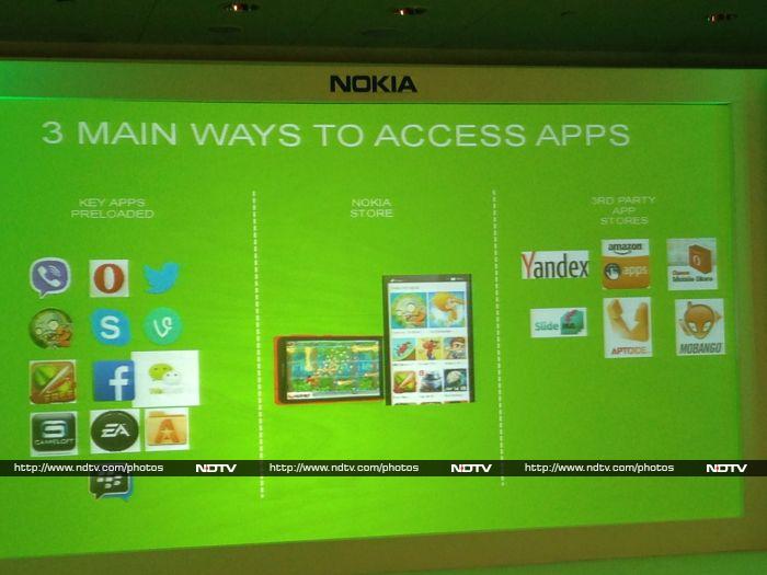 In addition to key apps being preloaded, users can browse through the Nokia Store or third-party app stores in lieu of  the official Google Play store.