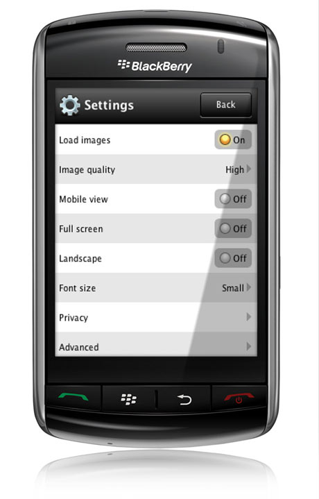 Settings on a touchscreen phone.