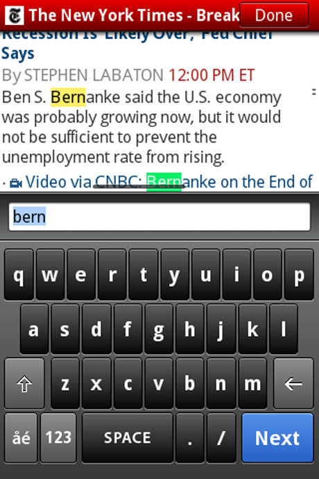 Find in page in a touchscreen phone.
