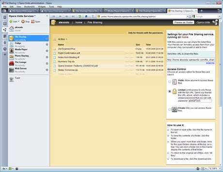 File Sharing: Securely share a file from your personal computer without waiting to upload it. First select the folder from which you would like to share files. Opera Unite then generates a direct URL to that folder. By giving that link to your friends, you can share files without routing through a third-party Web service.