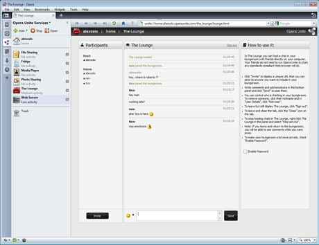 The Lounge: The Lounge is a self-contained chat service running on your computer. Your friends can access the chat room via the direct link, which will not require them to sign into any service. Depending on your privacy settings, you need only provide the generated password to your service in order for people to log in to your chatroom.