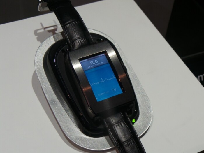 Toshiba computer watch - A watch with changeable dial images, it also has an embedded ECG sensor which enables the watch to recognise it's owner's unique pulse pattern. (Image credit: Rajiv Makhni)