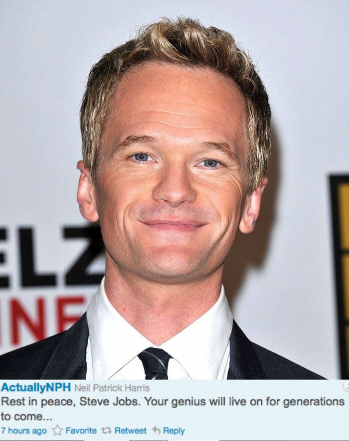 <b>Neil Patrick Harris Tweeted:</b>
Rest in peace, Steve Jobs. Your genius will live on for generations to come.