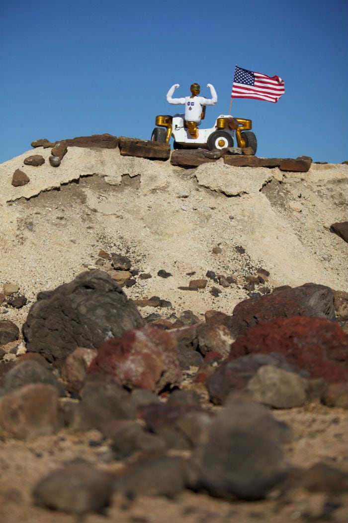 Robonaut 2 poses atop its new-wheeled base, Centaur 2, at the Johnson Space Center Planetary Analog Test Site. The Centaur is basically a rover for astronauts and in time a humanoid robot could maneuver it helping in explorations of distant planets. (Photo: NASA)