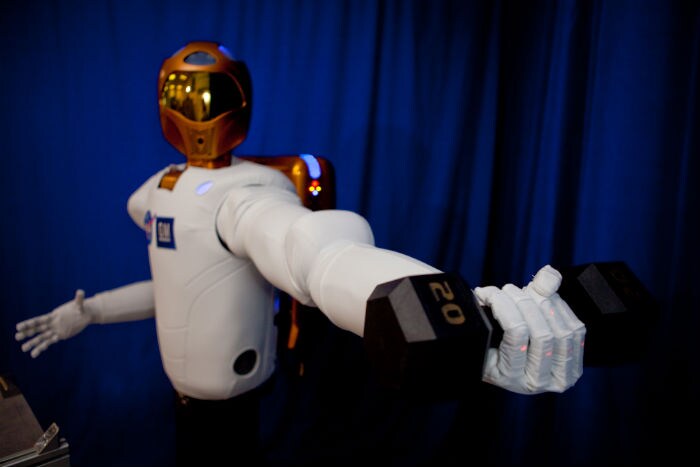 Robonaut 2 easily surpasses previous dexterous humanoid robots in strength, yet it is safe enough to work side-by-side with humans. It is able to lift, more than 20-pounds (about four times heavier than what other dexterous robots can handle) both near and away from its body. (Photo: NASA)