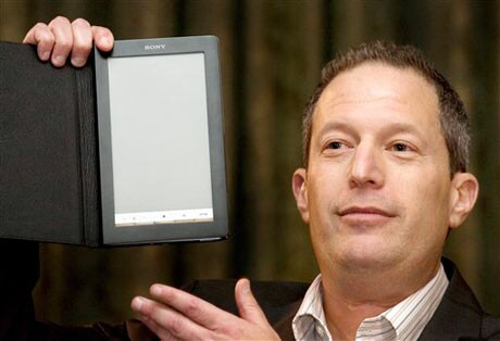Steve Haber, president of Sony's Digital Reading Business Division, holds up the Sony Reader Daily Edition at the New York Public Library Tuesday, August 25, 2009.