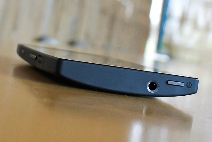 The top section of the Sony Xperia S has a 3.5 mm port for audio out and the power button.