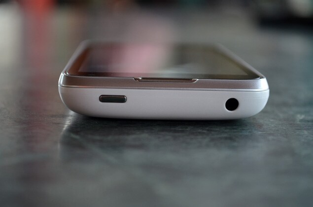 The dual-SIM device has a 3.5mm jack located on the top left. The power button rests in the top right corner.