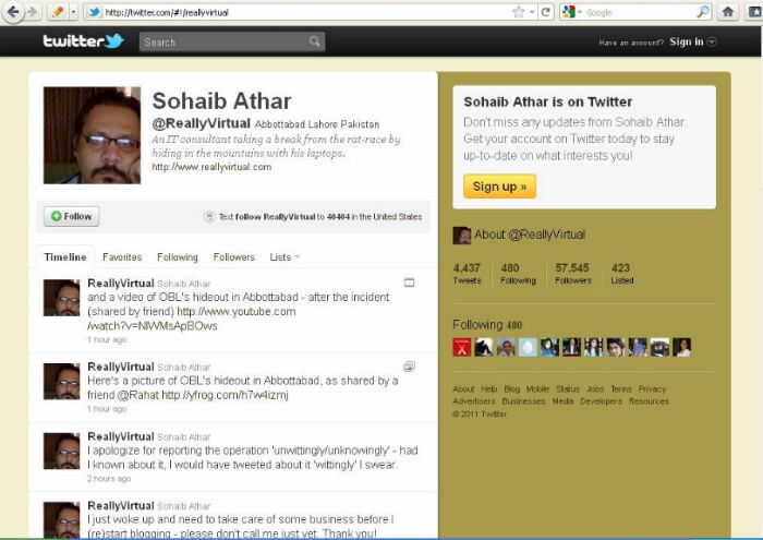 <b>Sohaib Athar live blogs Operation Geronimo</b> - On May 1, a crack American team swooped down on a house in Abbottabad, Pakistan on a secret operation, the target of which was Al Qaeda chief Osama bin Laden. Secret? Not quite. Abbottabad resident Sohaib Athar recorded the moment on Twitter, telling the story as it unfolded even though he did not know at the time what the story was. The next day, IT consultant Athar tweeted, "Uh oh, I am the guy who liveblogged the Osama raid without knowing it." Almost immediately, Athar became an Internet celebrity of sorts.