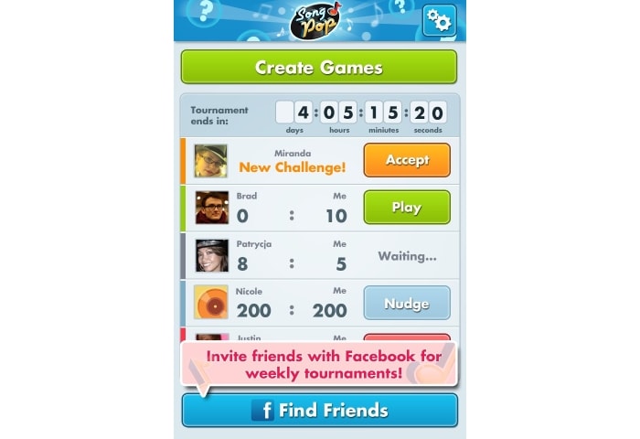 SongPop (by FreshPlanet, on Facebook.com, iOS and Android) - Test your knowledge of songs and boast it amongst friends. SongPop is all about listening to song clips and recognising the same. The game gives you an option to choose the genre of songs that you would like to play with. However, for now Bollywood songs is not one of the options.