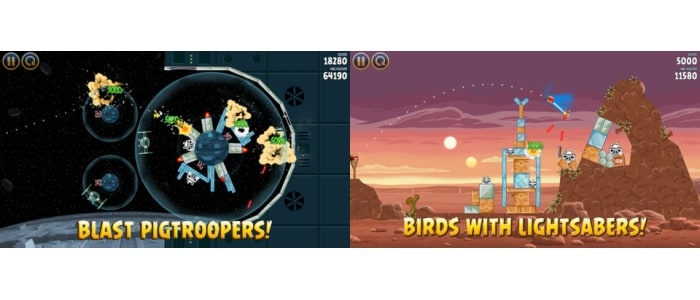 #5 Angry Birds Star Wars - Join an epic adventure with the Angry Birds in the legendary Star Wars? universe! Use the Force, wield your lightsaber, and blast away Pigtroopers on an intergalactic journey.
