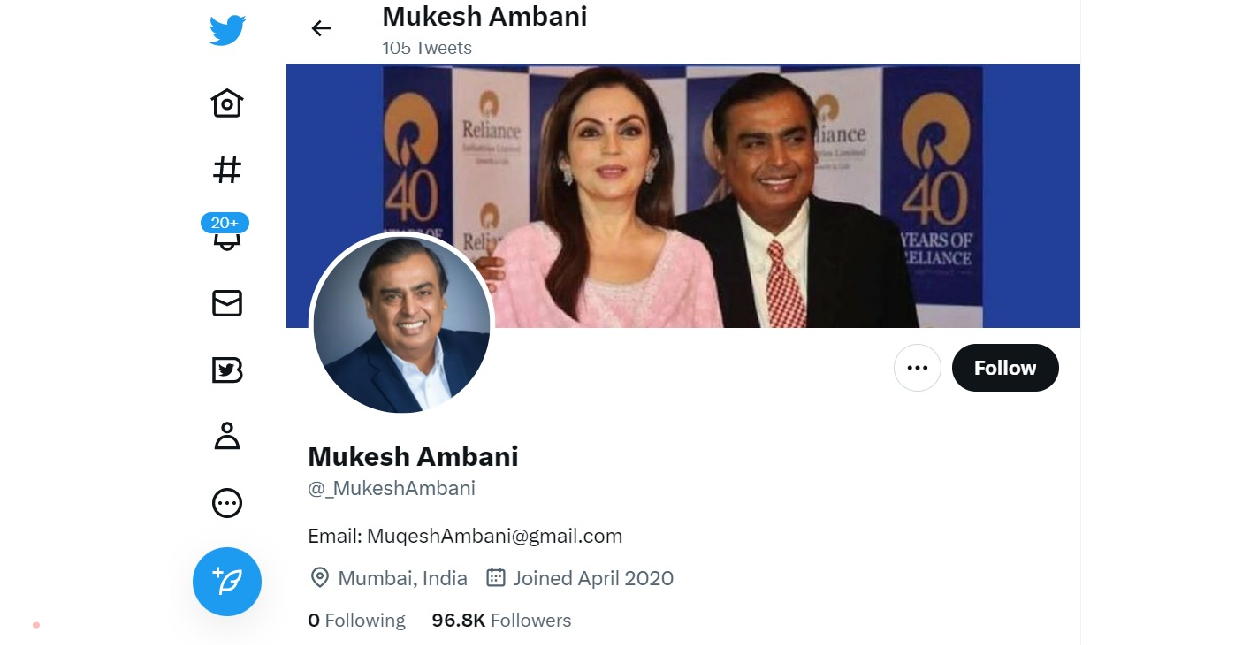 रिलायंस इंडस्‍ट्रीज के चेयरमैन मुकेश अंबानी का ट्विटर अकाउंट भी अब वेरिफाइड नहीं है। उनके अकाउंट से ब्‍लू टिक हटा दिया गया है। ट्विटर पर 96 हजार से ज्‍यादा लोग मुकेश अंबानी को फॉलो करते हैं। दिलचस्‍प यह है कि मुकेश अंबानी किसी को भी फॉलो नहीं करते।