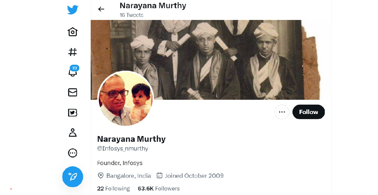 इंफोसिस के फाउंडर नारायण मूर्ति का ट्विटर अकाउंट भी अब वेरिफाइड नहीं है। उन्‍हें इस प्‍लेटफॉर्म पर 63 हजार से ज्‍यादा लोग फॉलो करते हैं। नारायण मूर्ति ने 2009 में ट्विटर जॉइन किया था। गौरतलब है कि ट्विटर अब वेरिफाइड अकाउंट के लिए फीस वसूल रही है। जिन लोगों ने ब्लू ट‍िक प्लान के लिए पेमेंट नहीं क‍िया है, उनके अकाउंट से ब्लू टिक हटा द‍िए गए हैं।