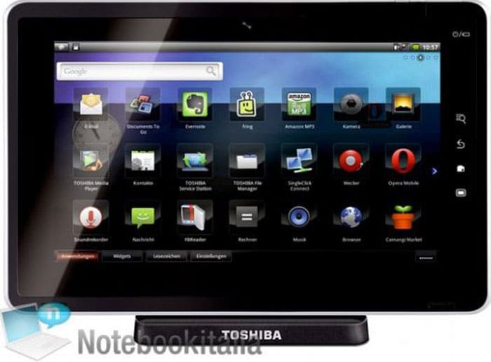 <b>Toshiba-Folio-100-Tablet</b><br><br>
The Toshiba Folio Tablet runs Android 2.2 off a Nvidia Tegra 2 chip. Flash 10.1 is supported with Opera for browsing the web. the device is also boasts of HDMI and USB 2.0 ports, as well as Wi-Fi, Bluetooth, and storage expansion with microSD cards. The device is set to hit the streets by the end of the year.
