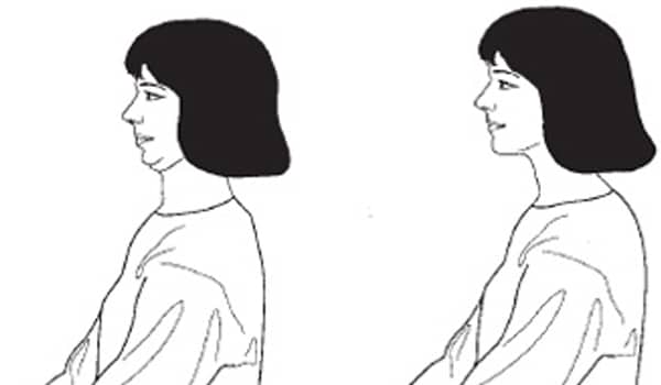 Move your neck forward and then rest your chin against your chest. Hold your neck in this position for at least five seconds. Move the neck as far back as possible, and hold for five seconds. Inhale when your head is upright and exhale when it is in the forward and back position.