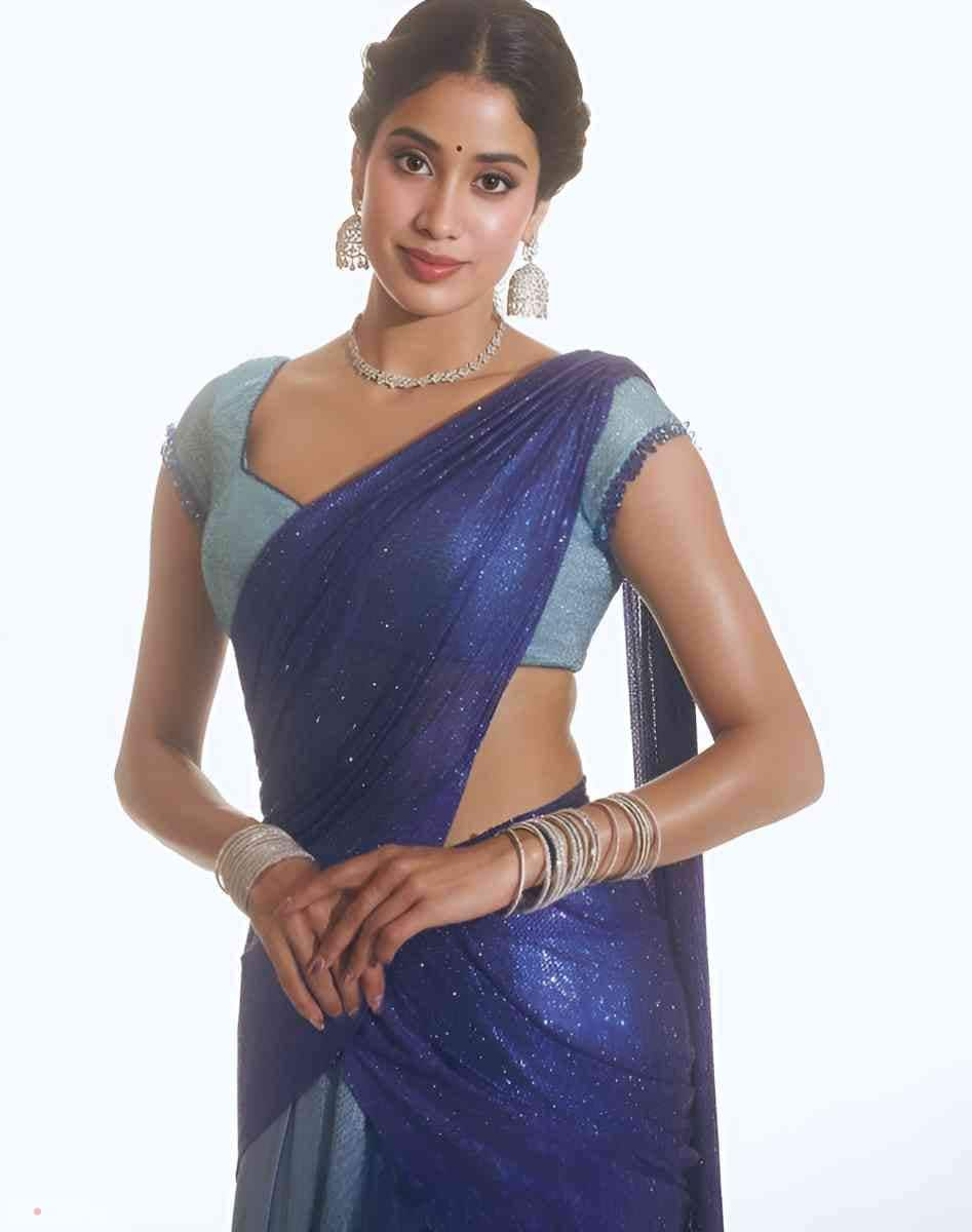 Janhvi Kapoor delivered the ultimate beauty look in an ombre blue sequin lehenga-saree, styled with diamond jhumkas, a necklace, and silver bangles. (Instagram/@janhvikapoor)