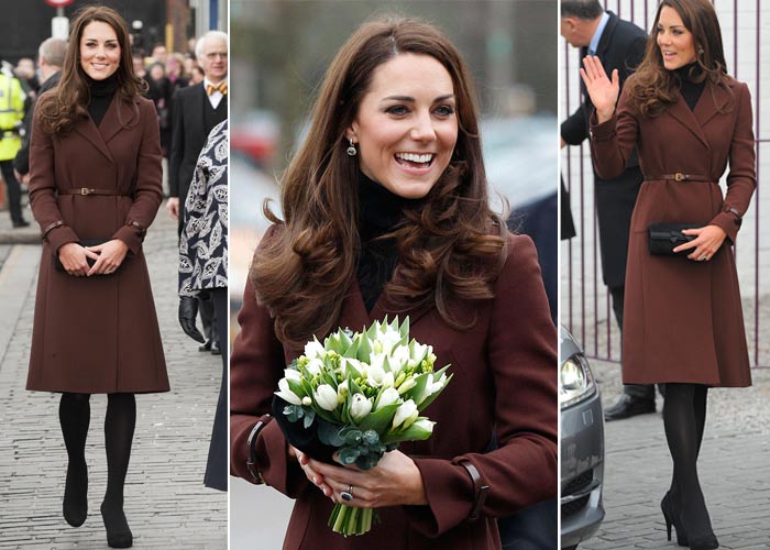 In February 2012, the Duchess of Cambridge paid a solo visit to a charity in Liverpool devoted to helping recovering addicts. Kate wore a coat over her black dress.