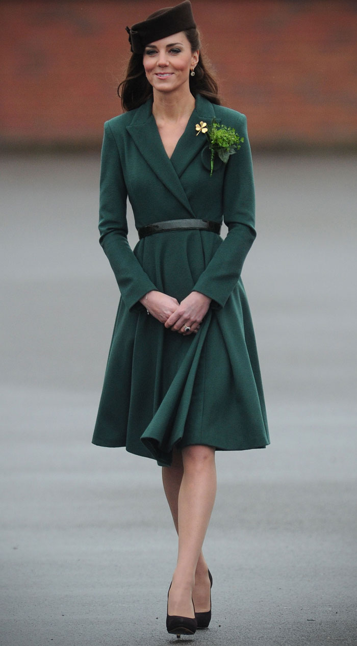 In June 2012, Kate Middleton looked elegant in a green dress coat with a chocolate brown hat as she presented shamrocks to members of the First Battalion Irish Guards to mark St Patrick's Day in Aldershot. She also wore an Irish Guards brooch that belonged to the Queen Mother.